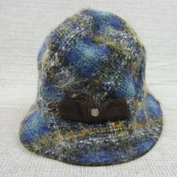 Cole Haan 90s Bucket Hat Women Blue Plaid Knit Tweed Classic Casual Bow Mohair *